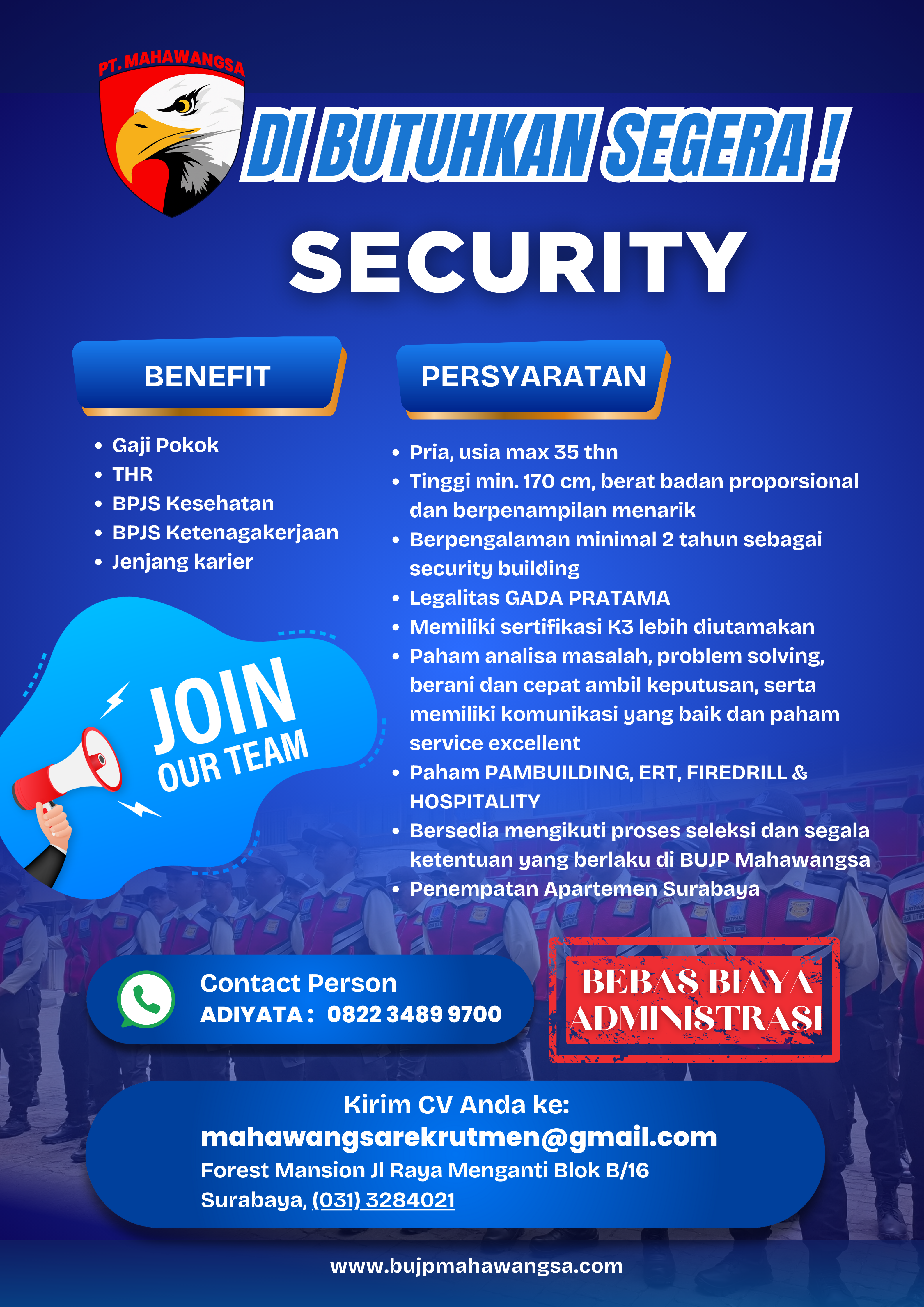 Lowongan pekerjaan Satpam / security PT. Mahawangsa
